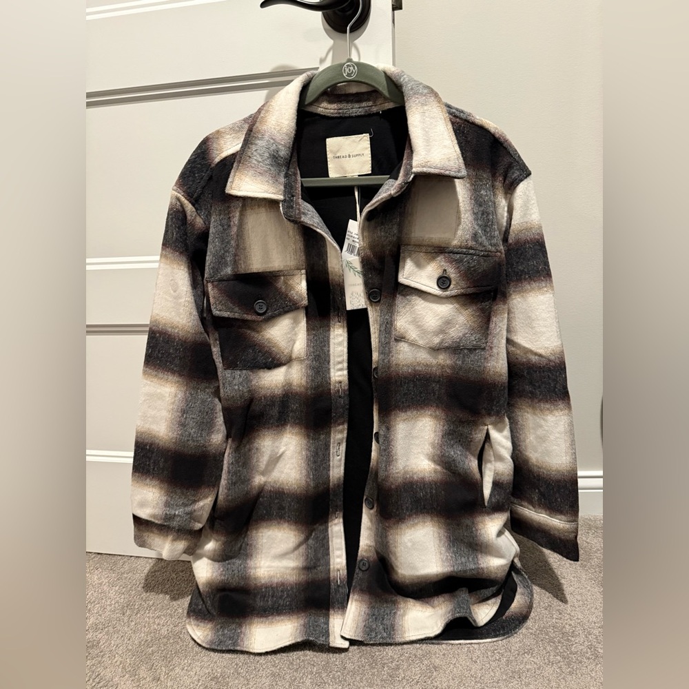 Thread & Supply Long Shirt Jacket in Black Multi Plaid, size M, NWT